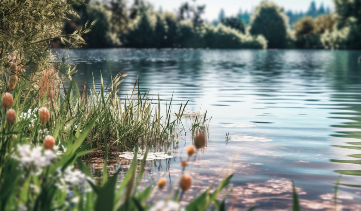 Paysage d'un lac en été avec des fleurs au premier plan